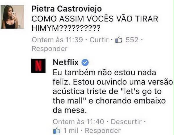 Uma internauta comenta na página da Netflix sobre uma série que foi tirada do catálogo e a Netflix responde com humor.
